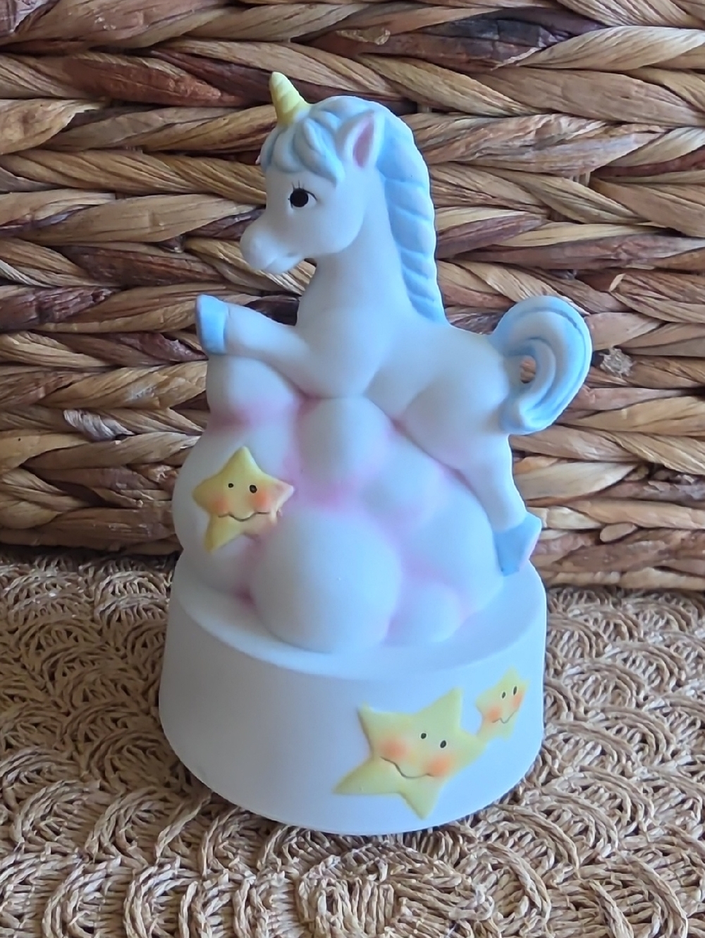 Vintage 80's Enesco Ceramic Unicorn On Cloud Music Box